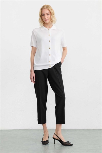 Önü Düğmeli Raglan Kol Şömizye Yaka Triko Bluz  /  EKRU