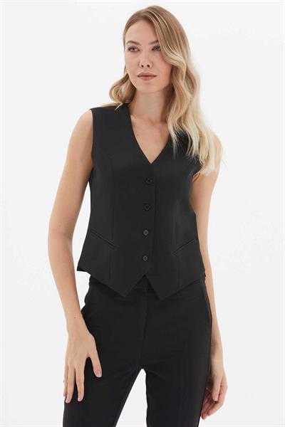 Önü Düğmeli Yanları Yırtmaçlı Yelek  /  SİYAH