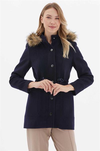 Önü Fermuarlı Beli Büzgülü Kapüşonlu Kaban  /  LACİVERT