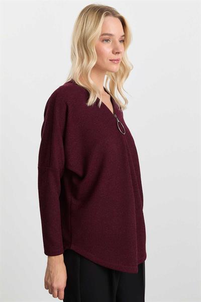 Önü Fermuarlı Büyük Elcikli Triko Bluz  /  BORDO