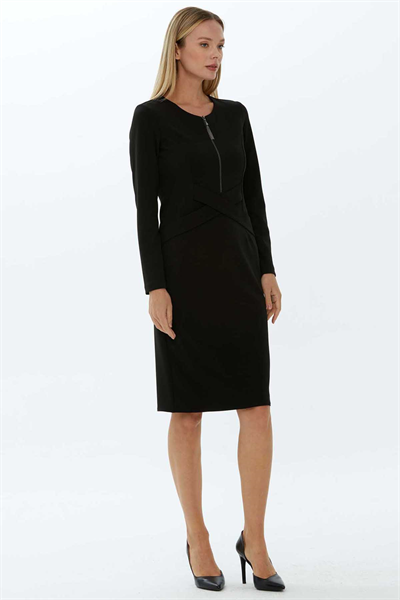 Önü Fermuarlı Çapraz Bantlı Elbise  /  SİYAH