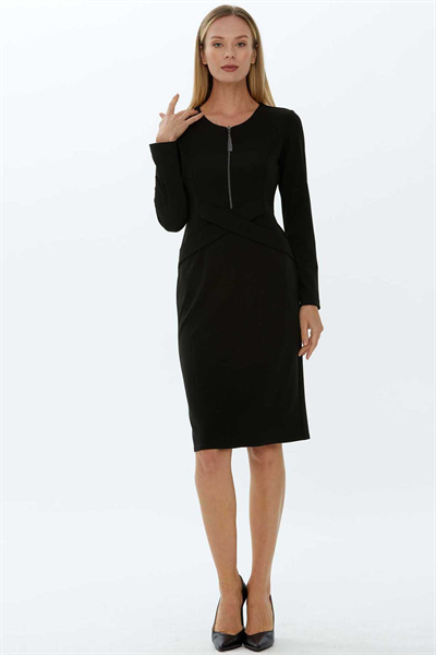 Önü Fermuarlı Çapraz Bantlı Elbise  /  SİYAH