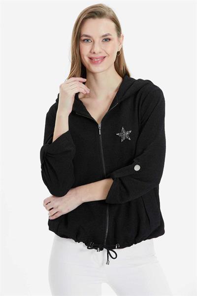 Önü Fermuarlı Kapüşonlu Aksesuarlı Ceket  /  SİYAH