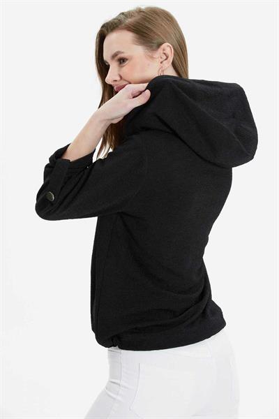 Önü Fermuarlı Kapüşonlu Aksesuarlı Ceket  /  SİYAH