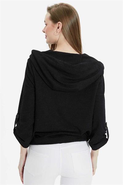 Önü Fermuarlı Kapüşonlu Aksesuarlı Ceket  /  SİYAH