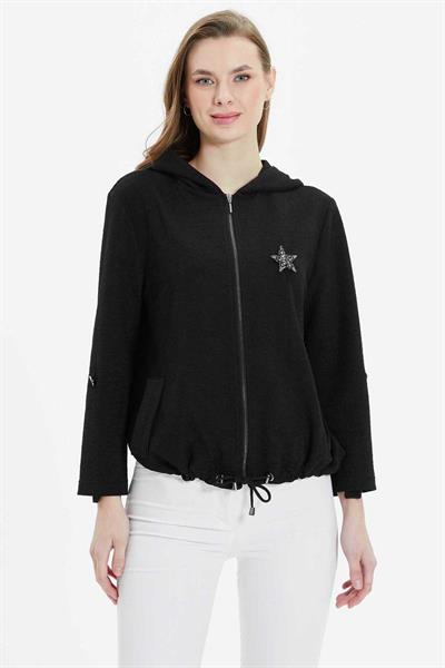Önü Fermuarlı Kapüşonlu Aksesuarlı Ceket  /  SİYAH