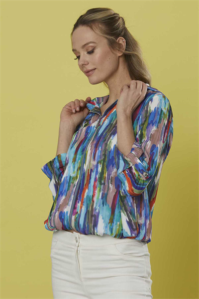 Önü Fermuarlı Kapüşonlu Emprime Ceket  /  MAVİ