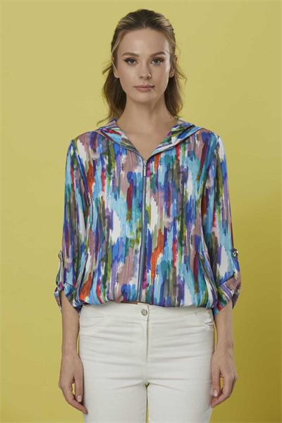 Önü Fermuarlı Kapüşonlu Emprime Ceket  /  MAVİ