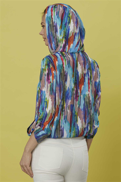 Önü Fermuarlı Kapüşonlu Emprime Ceket  /  MAVİ