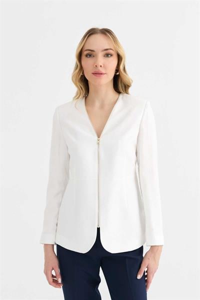 Önü Fermuarlı V Yaka Ceket  /  EKRU