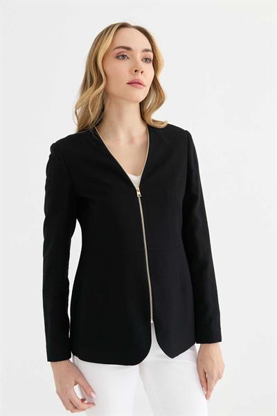 Önü Fermuarlı V Yaka Ceket  /  SİYAH