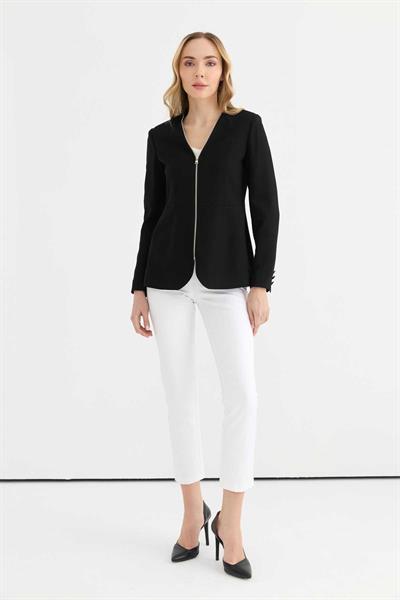 Önü Fermuarlı V Yaka Ceket  /  SİYAH
