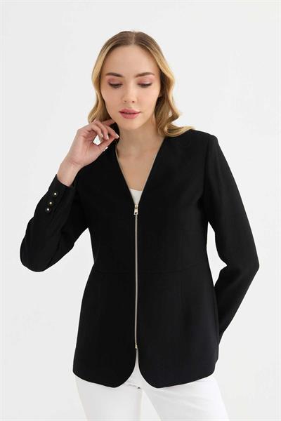 Önü Fermuarlı V Yaka Ceket  /  SİYAH