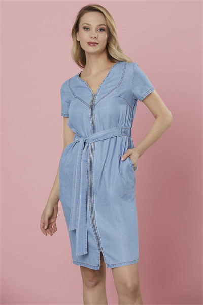 Önü Fermuarlı V Yaka Elbise  /  A.MAVİ