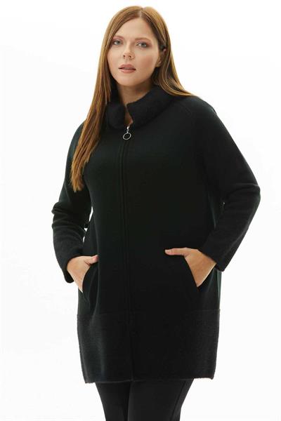 Önü Fermuarlı Yakası ve Etek Ucu Kombinli Hırka  /  SİYAH
