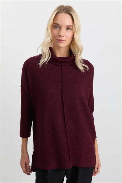 Önü Nervürlü Degaje Yaka Triko Bluz  /  BORDO