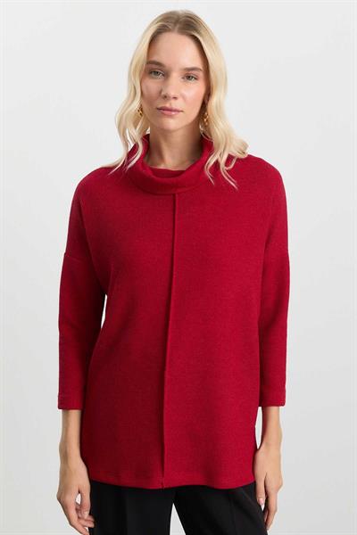 Önü Nervürlü Degaje Yaka Triko Bluz  /  KIRMIZI