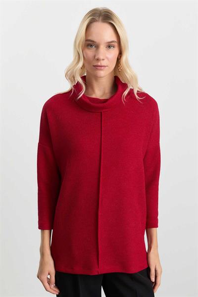Önü Nervürlü Degaje Yaka Triko Bluz  /  KIRMIZI