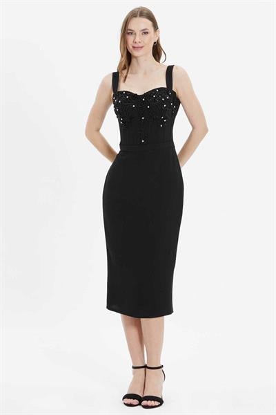 Önü Taşlı Askılı Elbise  /  SİYAH