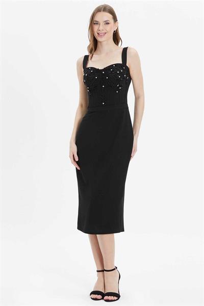 Önü Taşlı Askılı Elbise  /  SİYAH