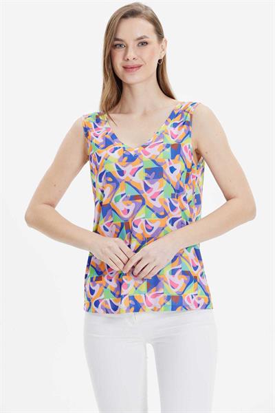 Önü ve Arkası V Kolsuz Soyut Desen Bluz  /  MAVİ
