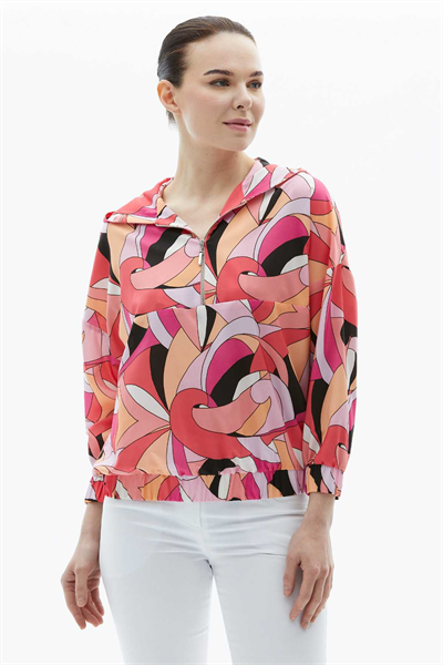 Önü Yarım Fermuarlı Kapüşonlu Emprime Bluz  /  MERCAN