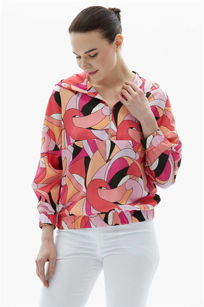 Önü Yarım Fermuarlı Kapüşonlu Emprime Bluz  /  MERCAN