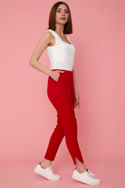 Paçası Dilimli Beli Lastikli Pantolon  /  KIRMIZI