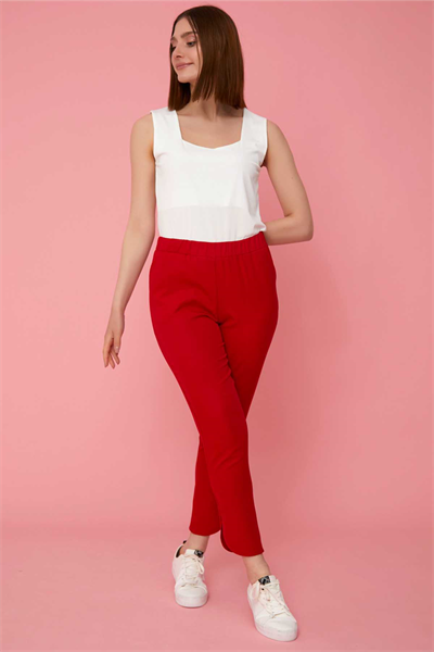 Paçası Dilimli Beli Lastikli Pantolon  /  KIRMIZI