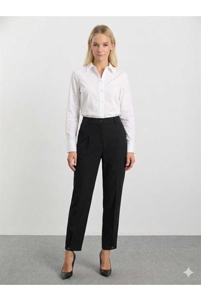 Paçası Düğmeli Arka Beli Lastikli Pantolon  /  SİYAH