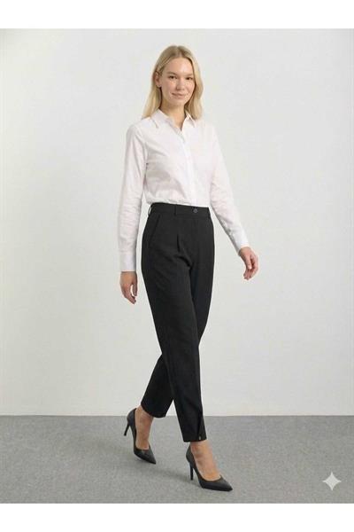 Paçası Düğmeli Arka Beli Lastikli Pantolon  /  SİYAH