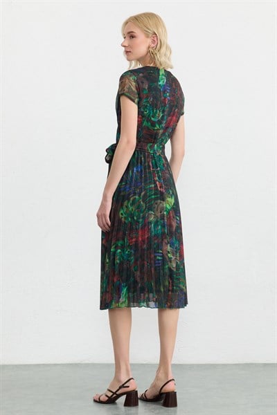 Pliseli Kısa Kol Emprime Elbise  /  YEŞİL
