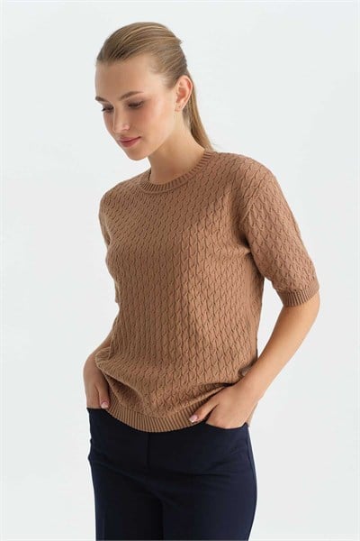 Saç Örgü Desen Kısa Kol Triko Bluz  /  CAMEL