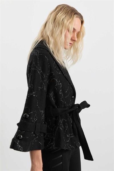 Şal Yaka Sim Desenli Bağlamalı Ceket  /  SİYAH