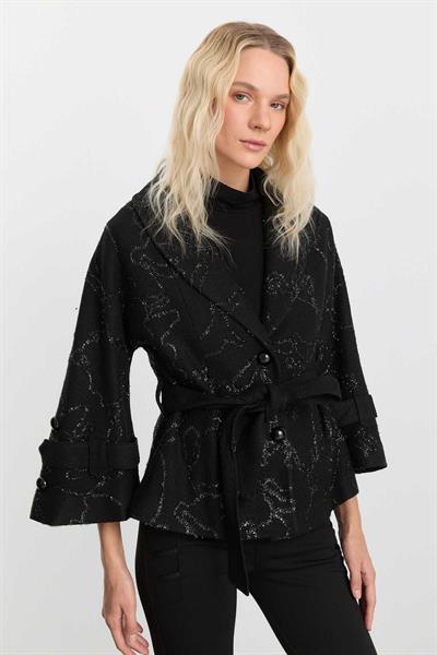 Şal Yaka Sim Desenli Bağlamalı Ceket  /  SİYAH