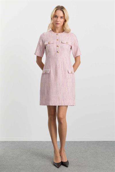 Sıfır Yaka Kapak Cepli Kendinden Simli Elbise  /  PEMBE