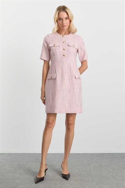 Sıfır Yaka Kapak Cepli Kendinden Simli Elbise  /  PEMBE