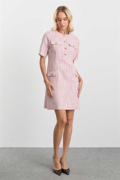 Sıfır Yaka Kapak Cepli Kendinden Simli Elbise  /  PEMBE