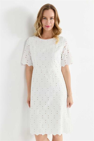 Sıfır Yaka Kısa Kol Brode Elbise  /  EKRU
