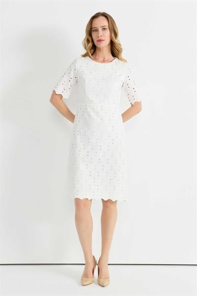 Sıfır Yaka Kısa Kol Brode Elbise  /  EKRU