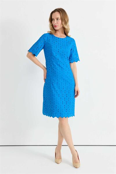Sıfır Yaka Kısa Kol Brode Elbise  /  MAVİ