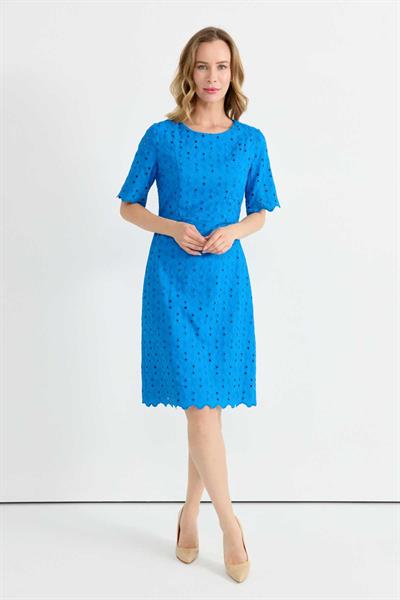 Sıfır Yaka Kısa Kol Brode Elbise  /  MAVİ