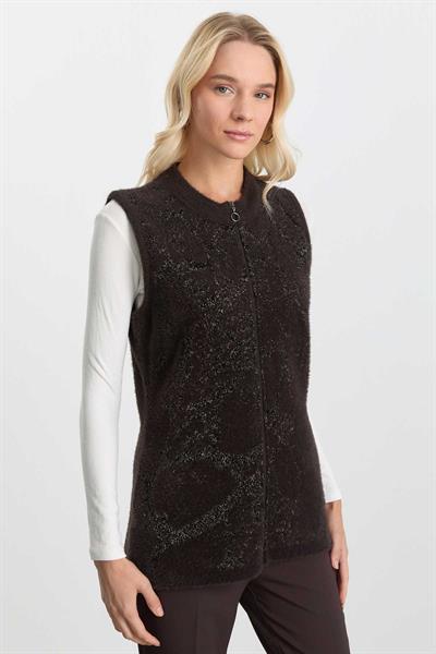 Sıfır Yaka Önü Simli Fermuarlı Yelek  /  KAHVE