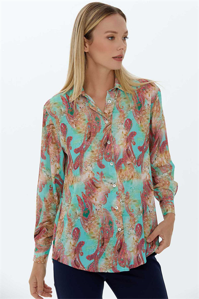 Şömiziye Yaka Şal Desen Klasik Bluz  /  YEŞİL