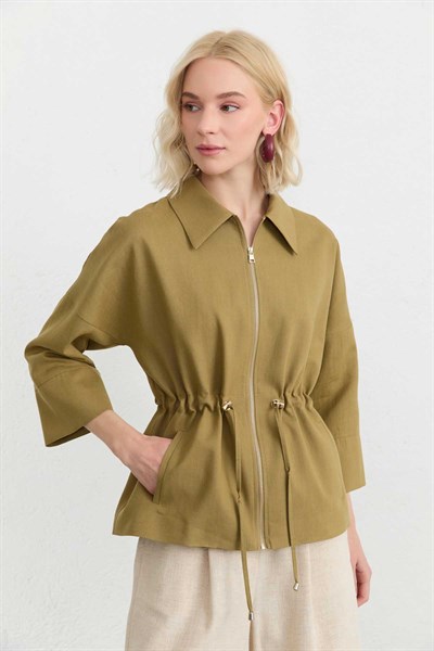 Şömizye Yaka Beli Bağcıklı Truvakar Kol Ceket  /  HAKİ