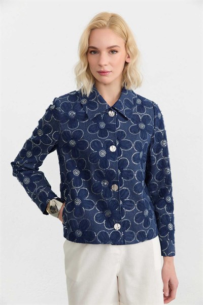 Şömizye Yaka Kendinden Çiçekli Payetli Ceket  /  İNDİGO