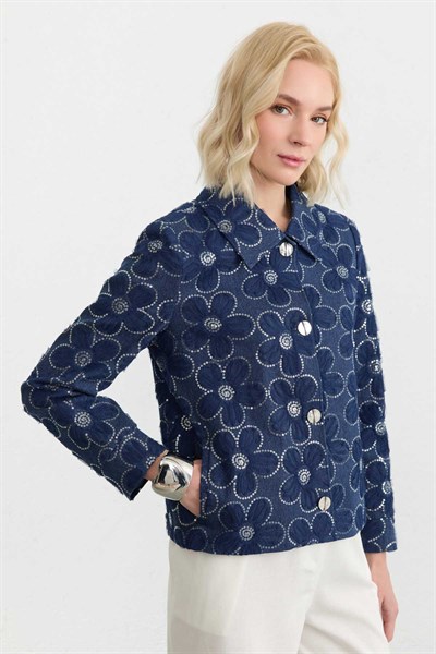Şömizye Yaka Kendinden Çiçekli Payetli Ceket  /  İNDİGO