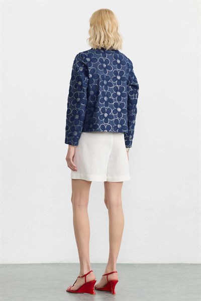 Şömizye Yaka Kendinden Çiçekli Payetli Ceket  /  İNDİGO