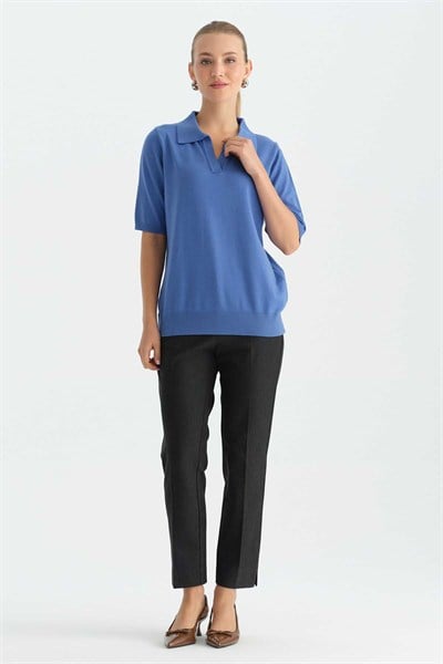 Şömizye Yaka Kısa Kol Triko Bluz  /  MAVİ