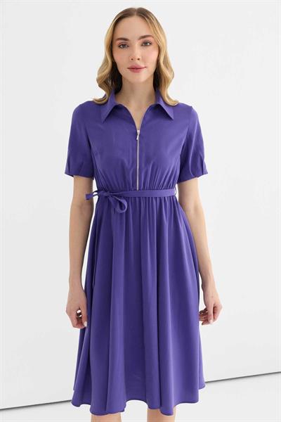 Şömizye Yaka Önü Fermuarlı Beli Lastikli Elbise  /  MOR